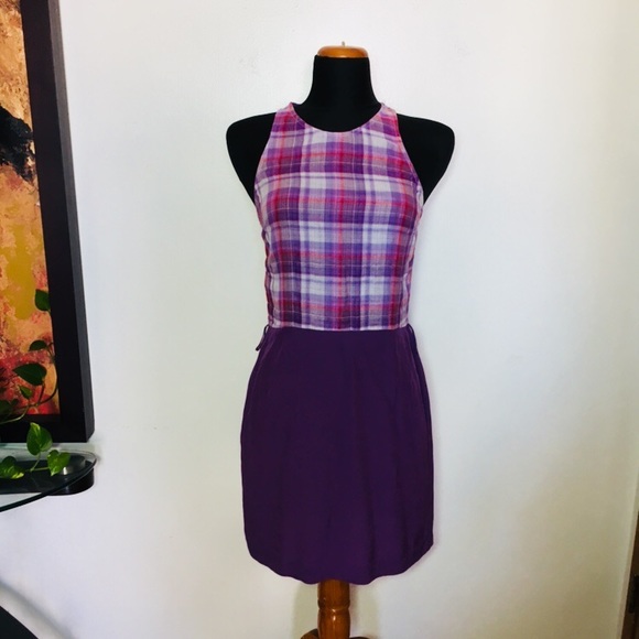 RORY BECA Dress Plaid Top Small lavender Purple Plaid Gauze Two Tone Racer Back - Picture 2 of 6